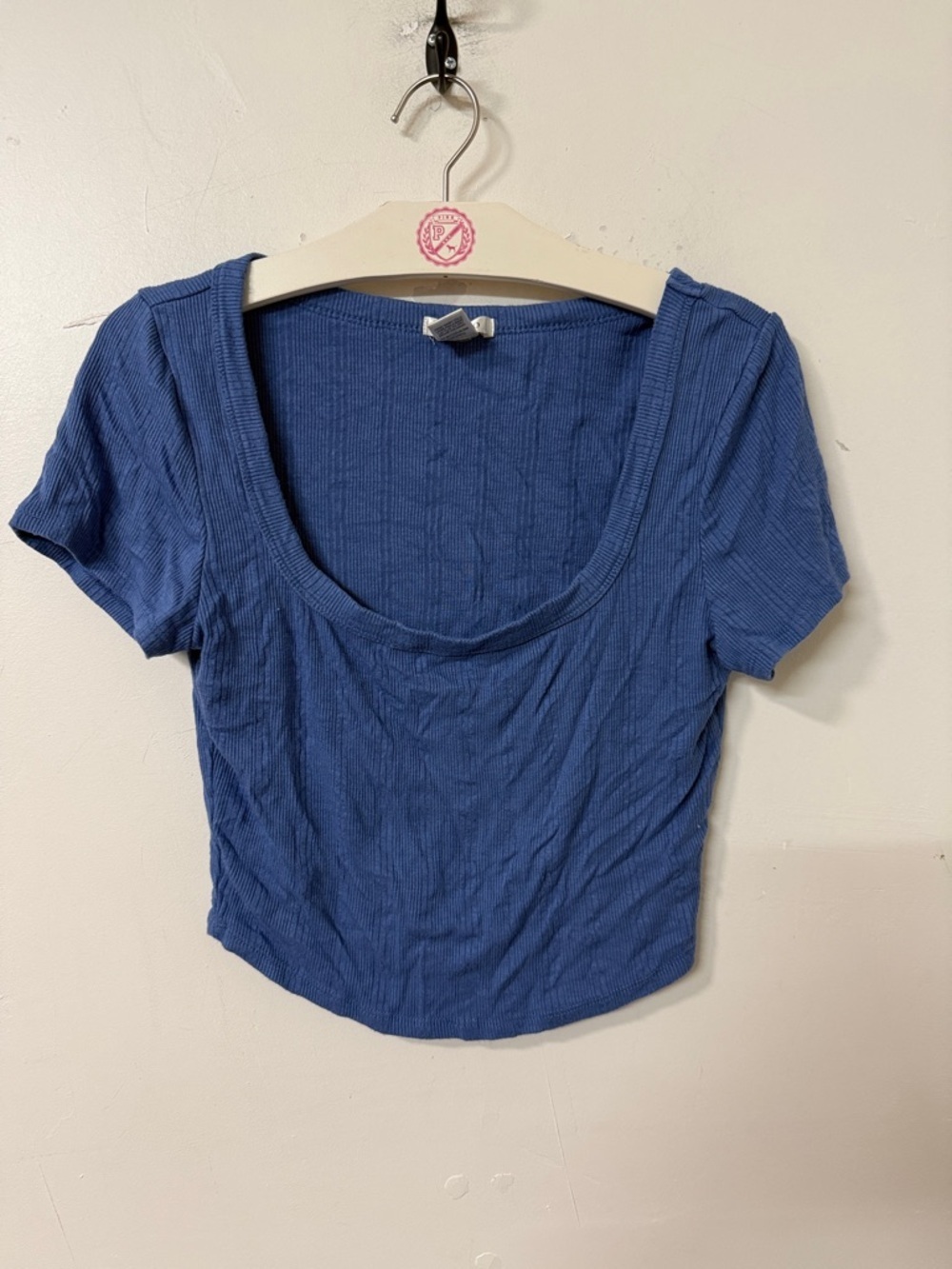 Bozzolo Ribbed Scoop Neck Crop Top in Blue